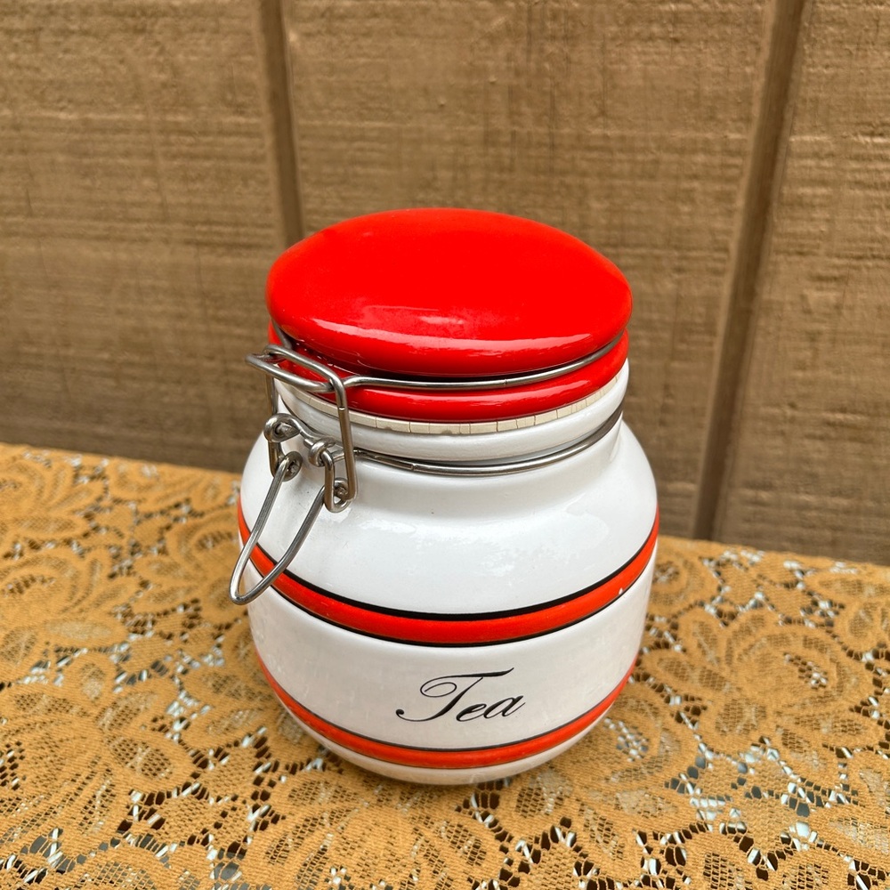 Vintage Tea Canister Red And White Ceramic